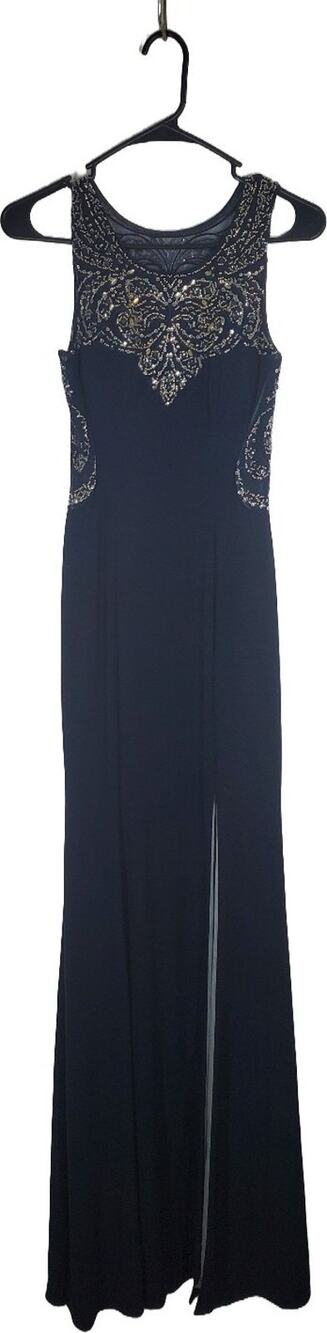 Betsy & Adam Navy Beaded Illusion Neck Gown with Side Slit, Navy, Size 0